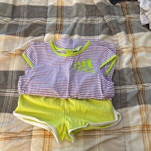 Adidas Purple Striped Top and Neon Green Shorts